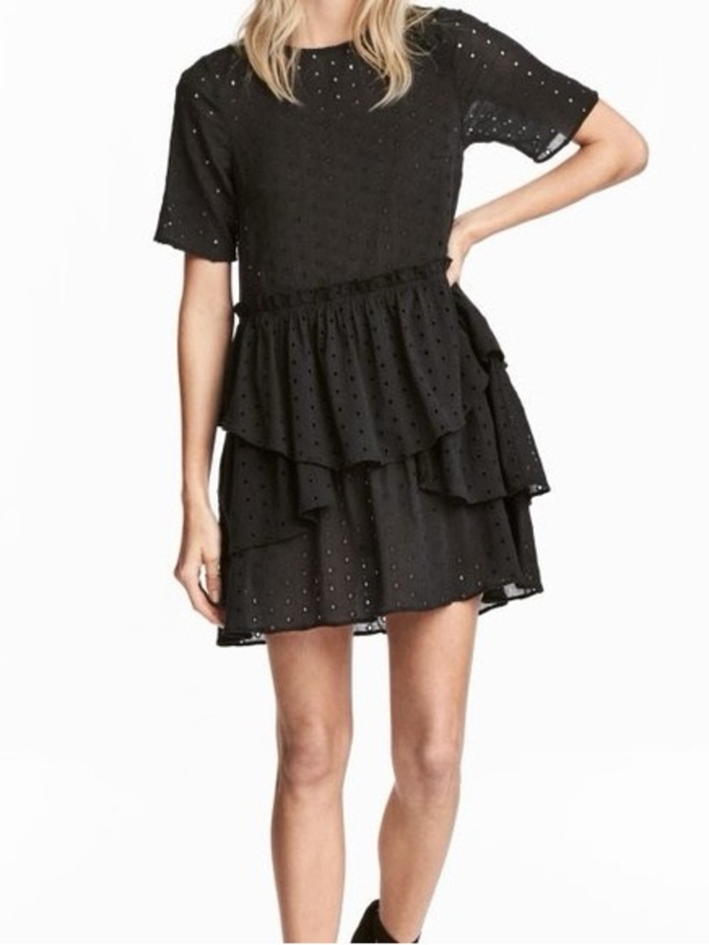 H&M Black Eyelet Tiered Short Sleeve Mini Dress
